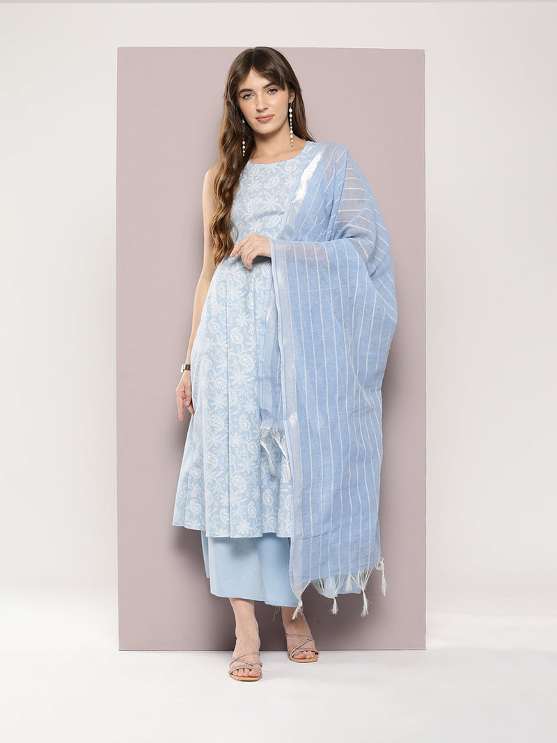 Printed flared kurta pallazos dupatta set