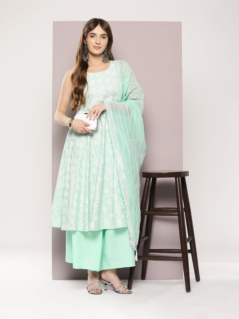 Printed flared kurta pallazos dupatta set