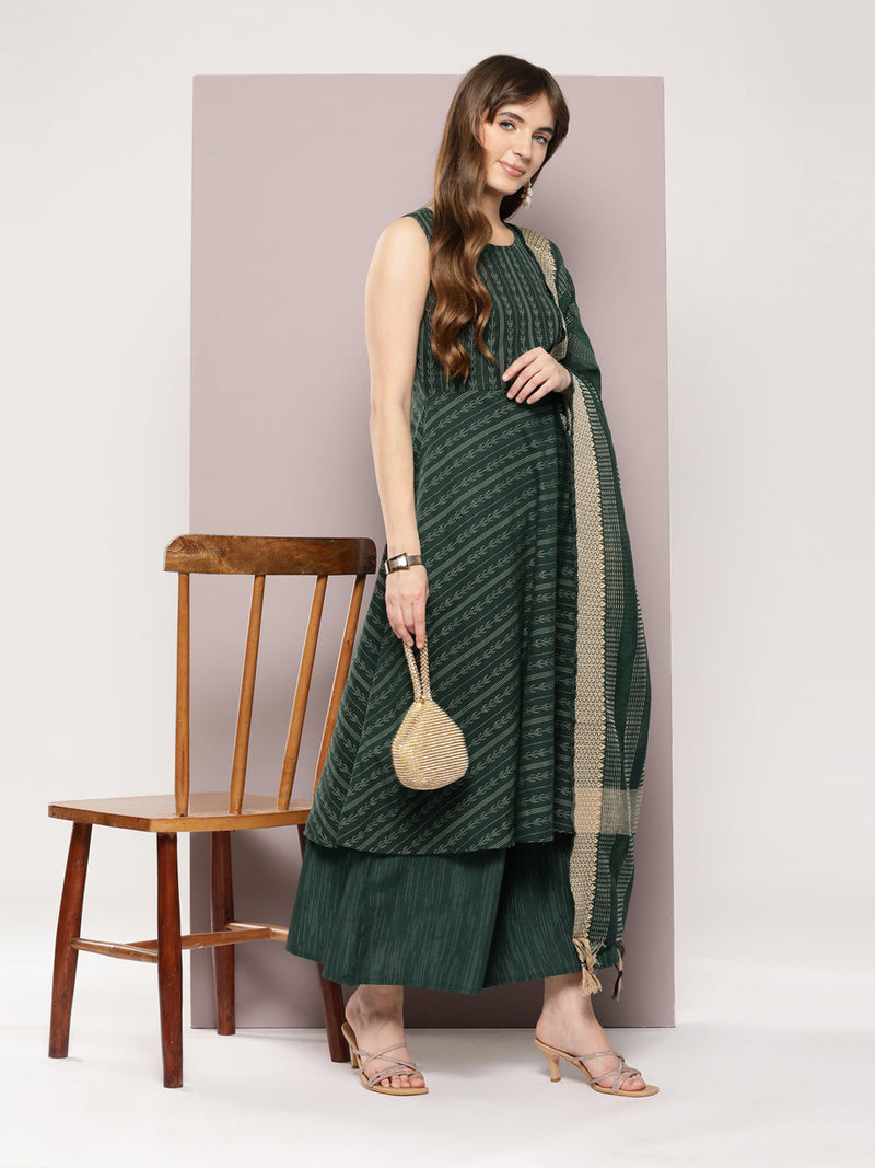 Jacquard flared kurta pallazos dupatta set