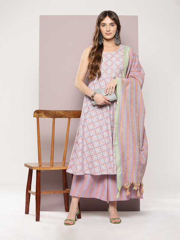 Printed flared kurta pallazos dupatta set