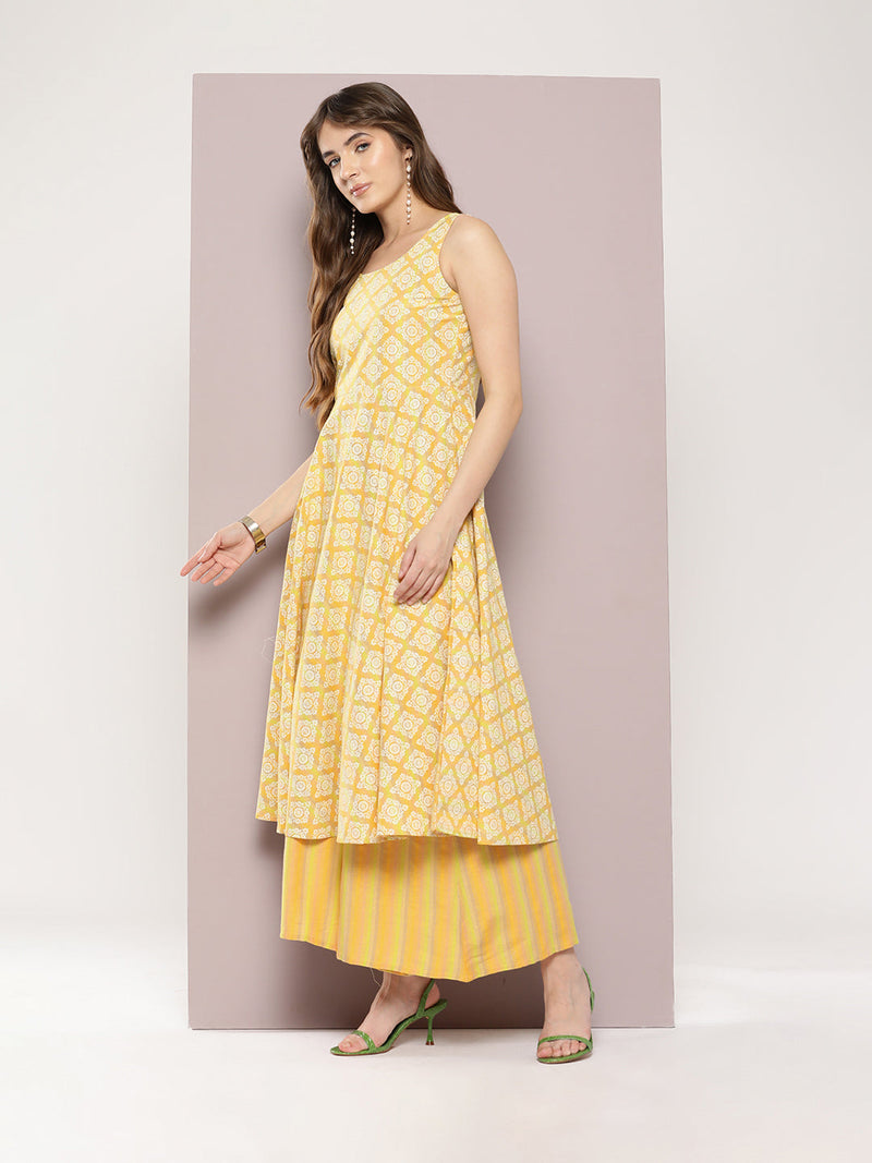 Printed flared kurta pallazos dupatta set