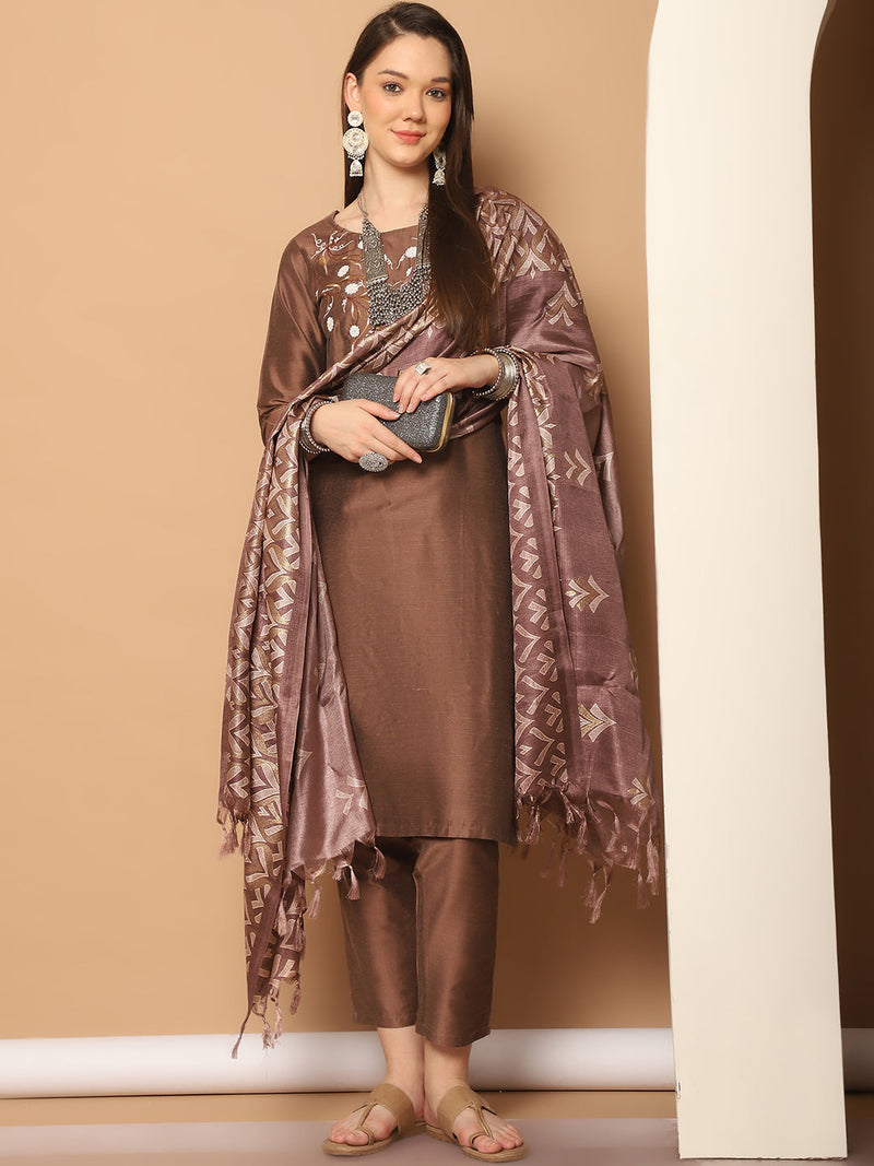 Embroidered Kurta,Printed Dupatta and Trouser Set