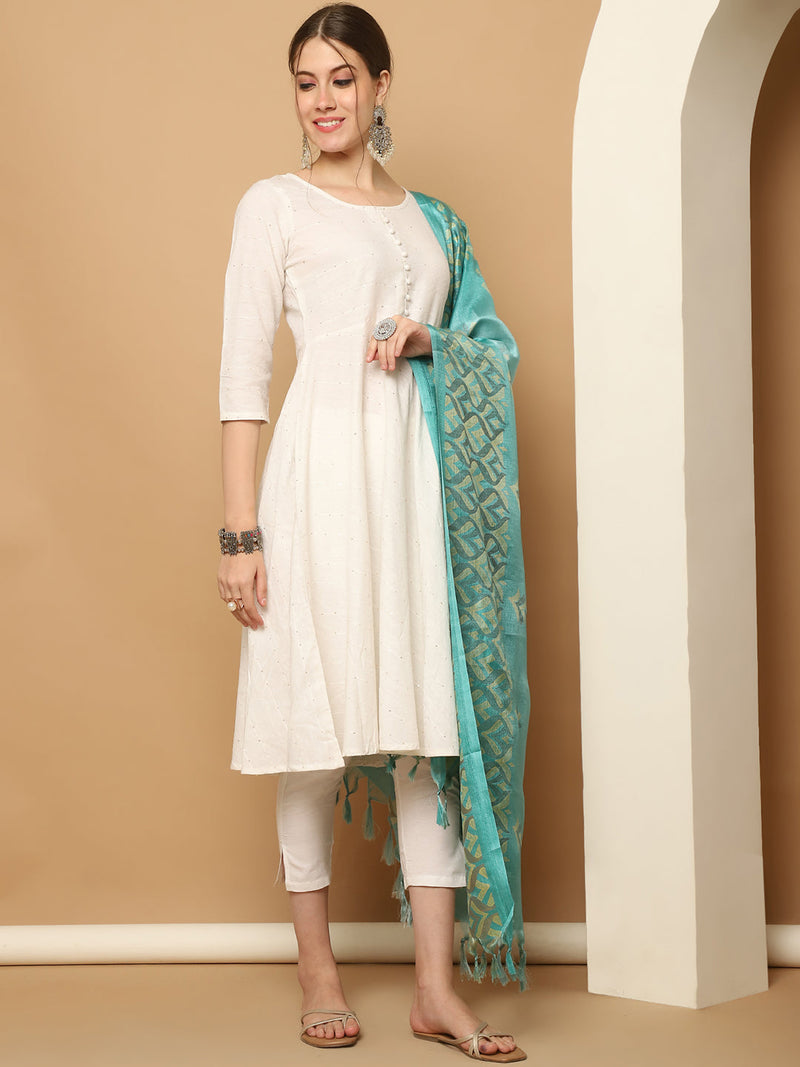 White Sequinned Kurta with Trousers & With Dupatta ( JOKS D60B 1453 White )