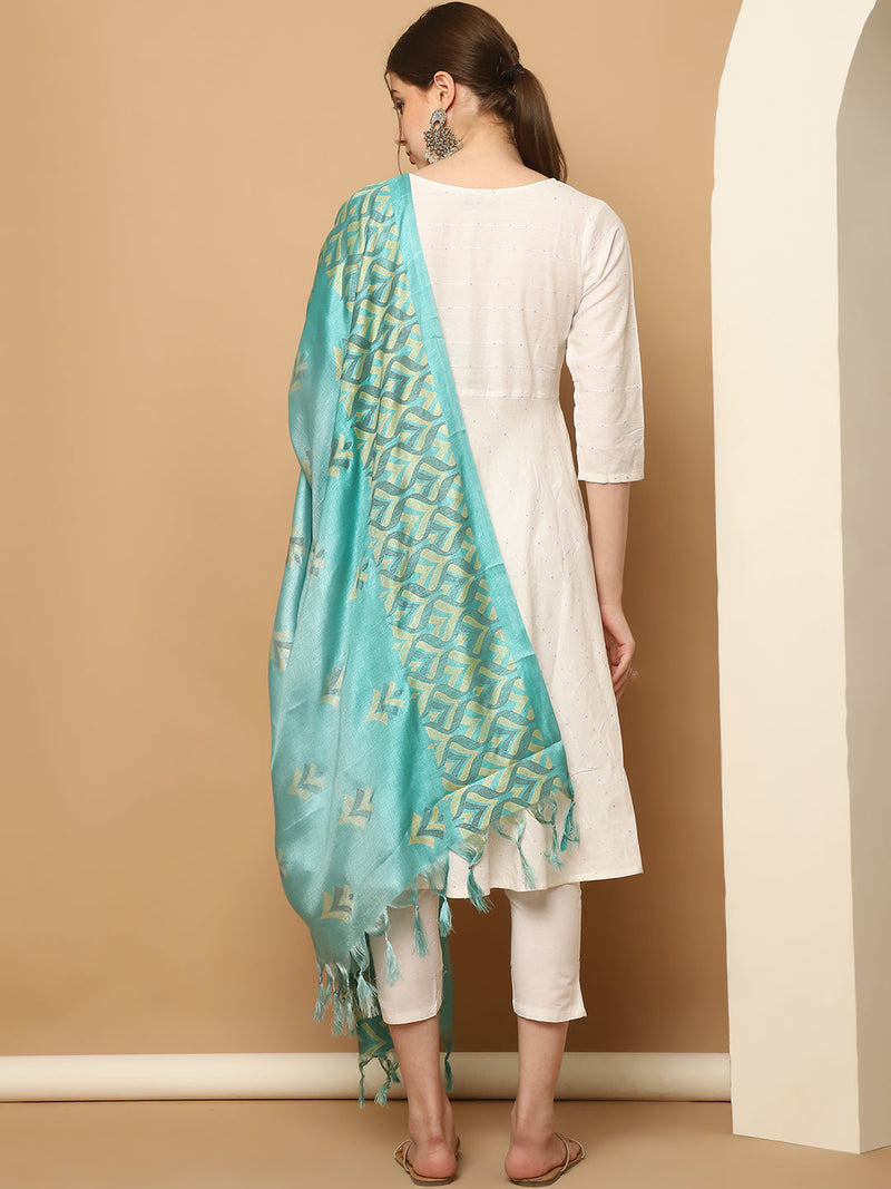 White Sequinned Kurta with Trousers & With Dupatta ( JOKS D60B 1453 White )