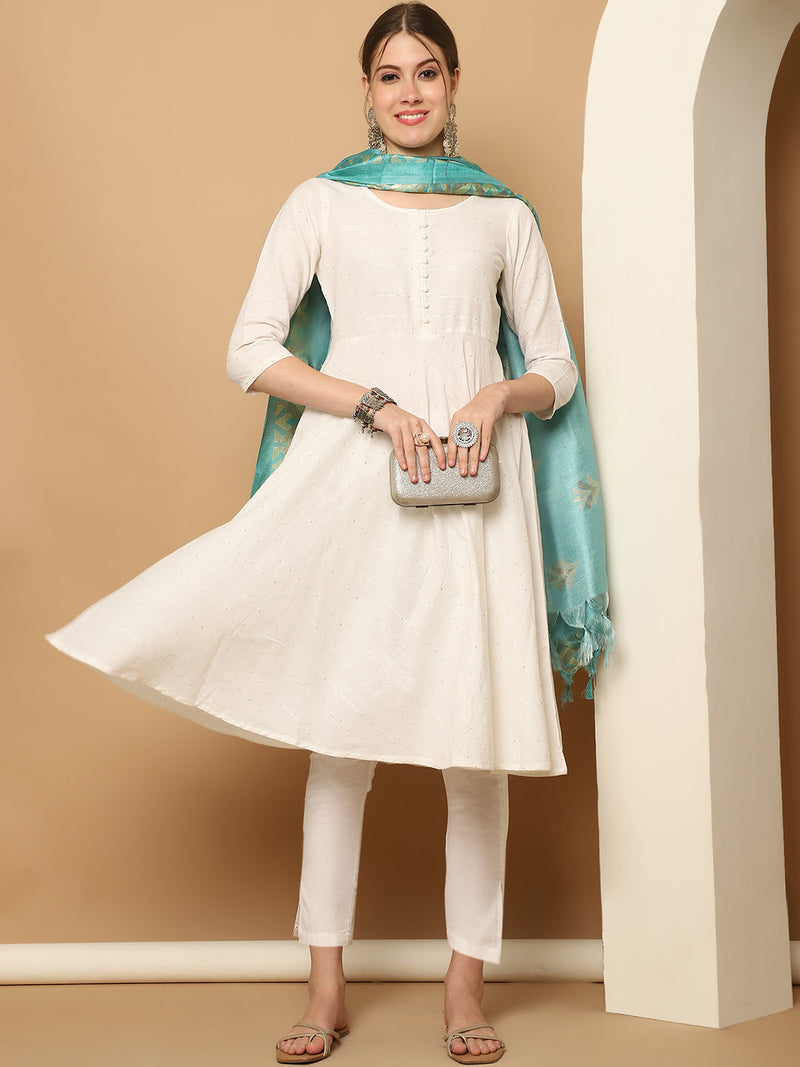 White Sequinned Kurta with Trousers & With Dupatta ( JOKS D60B 1453 White )