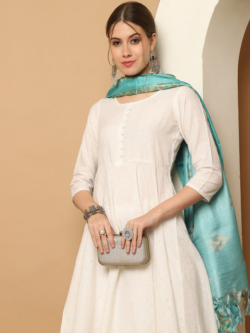 White Sequinned Kurta with Trousers & With Dupatta ( JOKS D60B 1453 White )