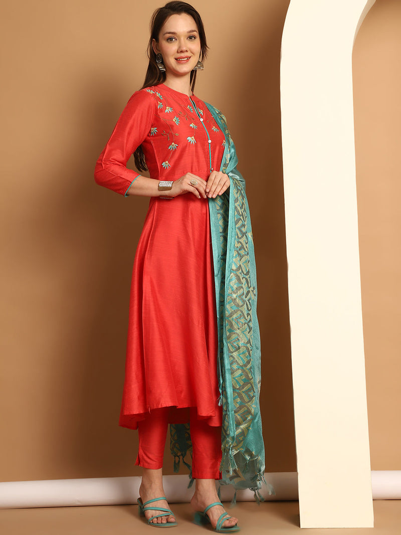 Embroidered Kurta,Printed Dupatta and Trouser Set