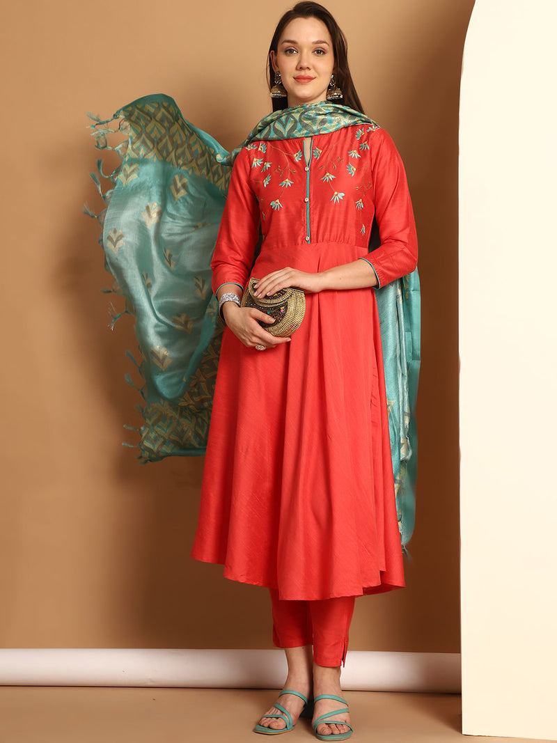 Embroidered Kurta,Printed Dupatta and Trouser Set