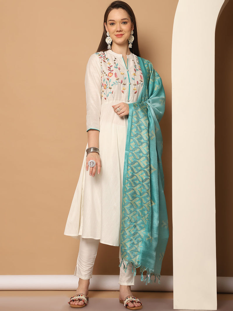 Embroidered Kurta,Printed Dupatta and Trouser Set