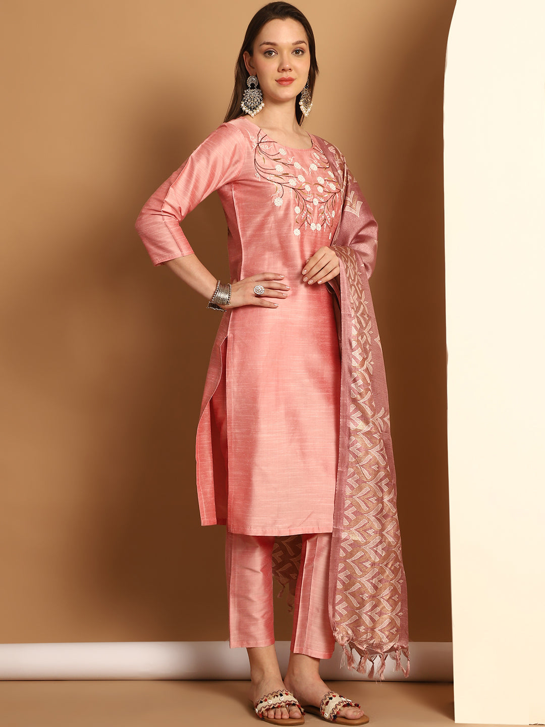 Embroidered Kurta,Printed Dupatta and Trouser Set