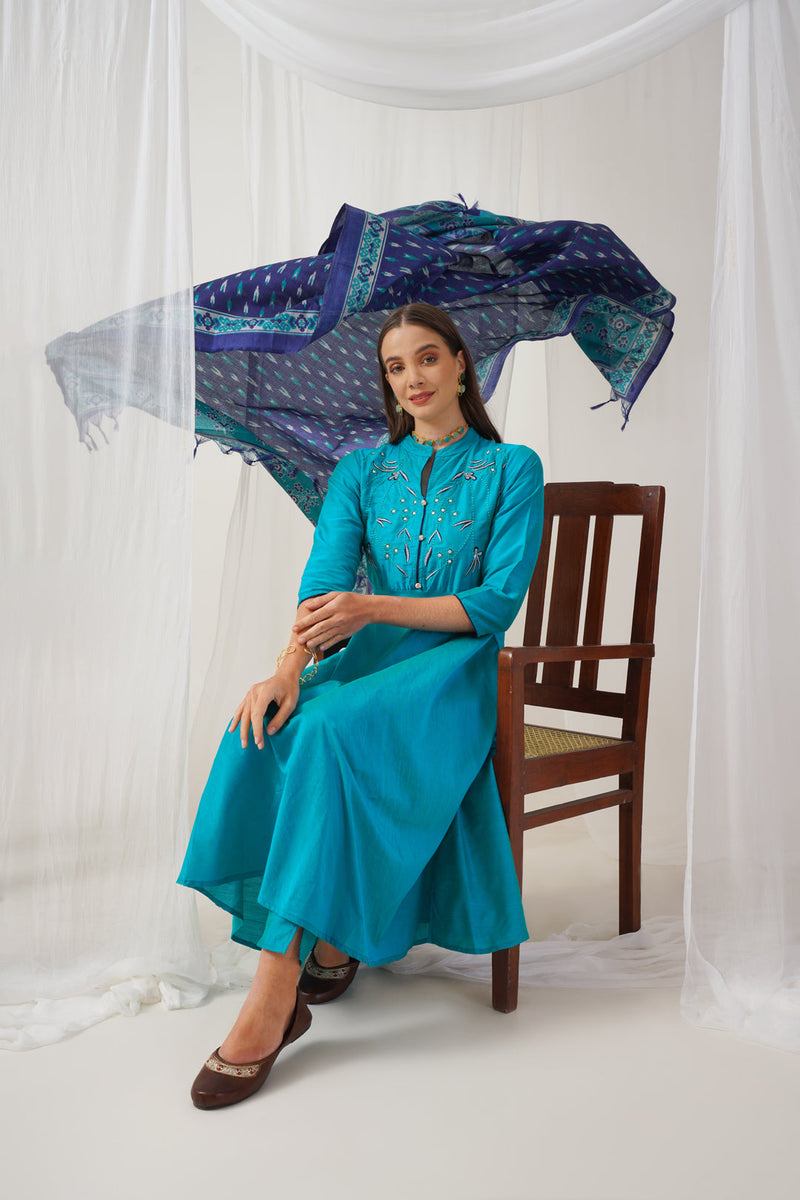 Floral Embroidered Kurta with Trousers & With Dupatta