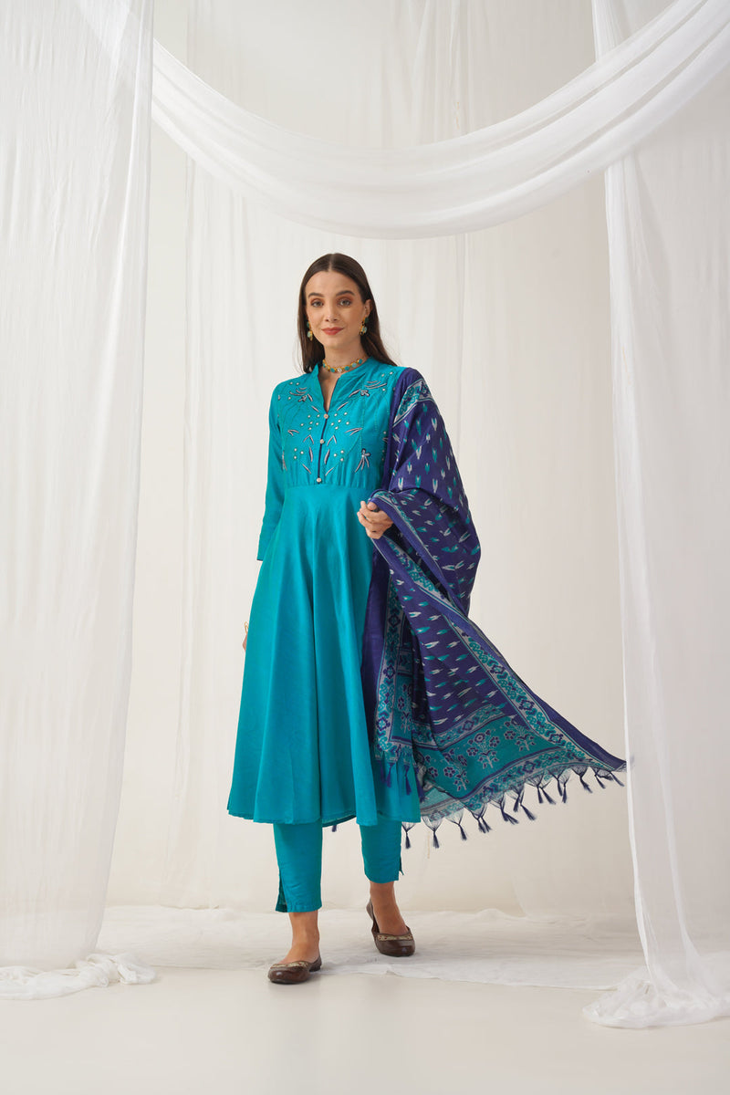 Floral Embroidered Kurta with Trousers & With Dupatta