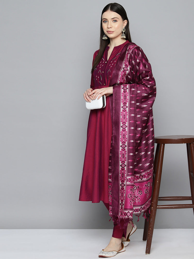 Embroidered Cotton Silk Flared kurta,pant with dupatta set ( JOKS D8P 1517 Pink )