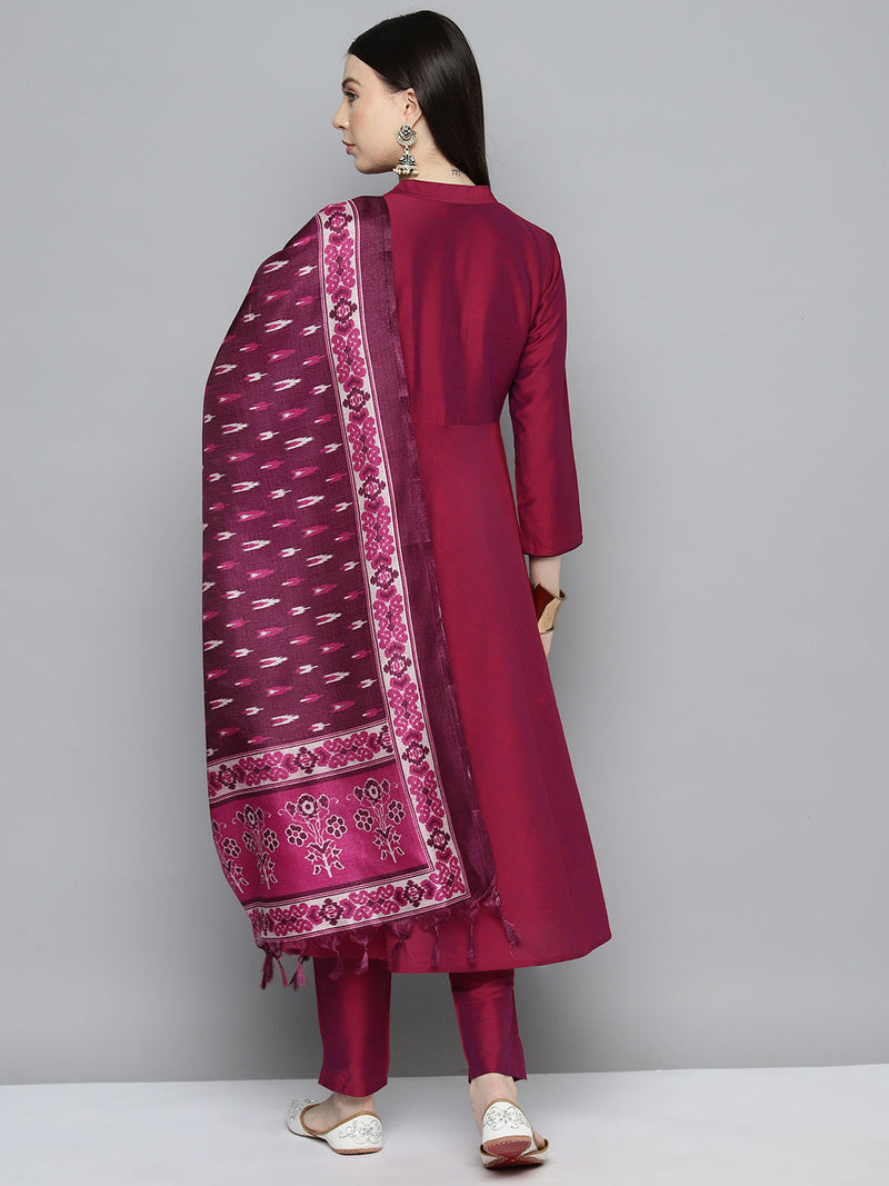 Embroidered Cotton Silk Flared kurta,pant with dupatta set ( JOKS D8P 1517 Pink )