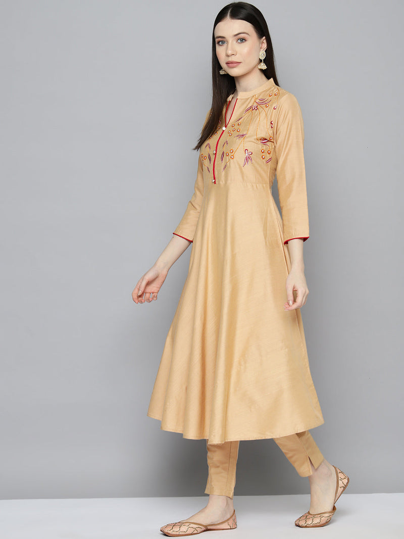 Embroidered Cotton Silk Flared kurta,pant with dupatta set ( JOKS D8R 1517 Golden )