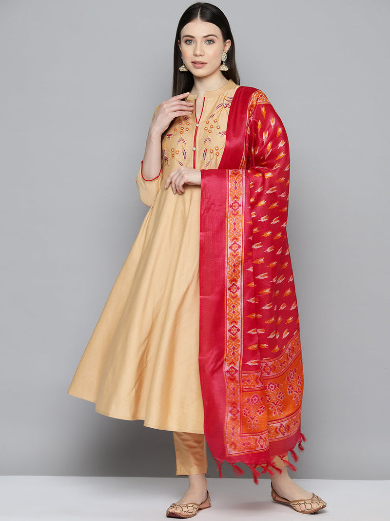 Embroidered Cotton Silk Flared kurta,pant with dupatta set ( JOKS D8R 1517 Golden )