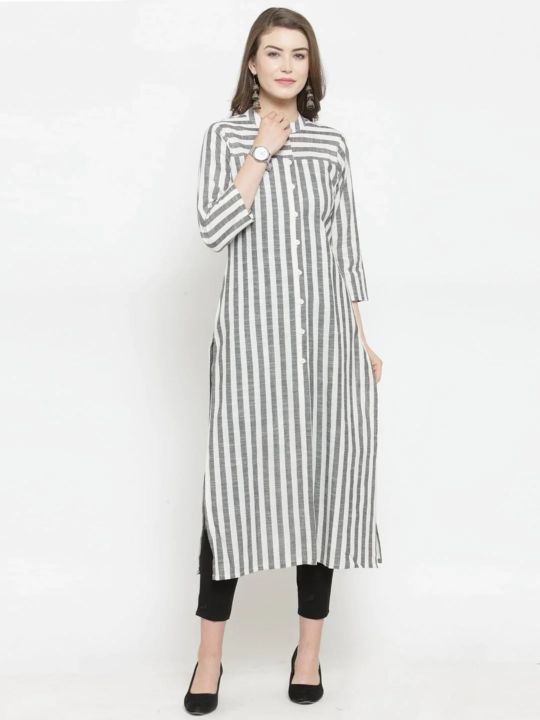 Jompers Women Grey & Off-White Striped Cotton Straight Kurta ( JOK 1204 Grey )