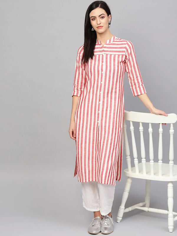 Jompers Women Red & Off-White Striped Cotton Straight Kurta ( JOK 1204 Red )