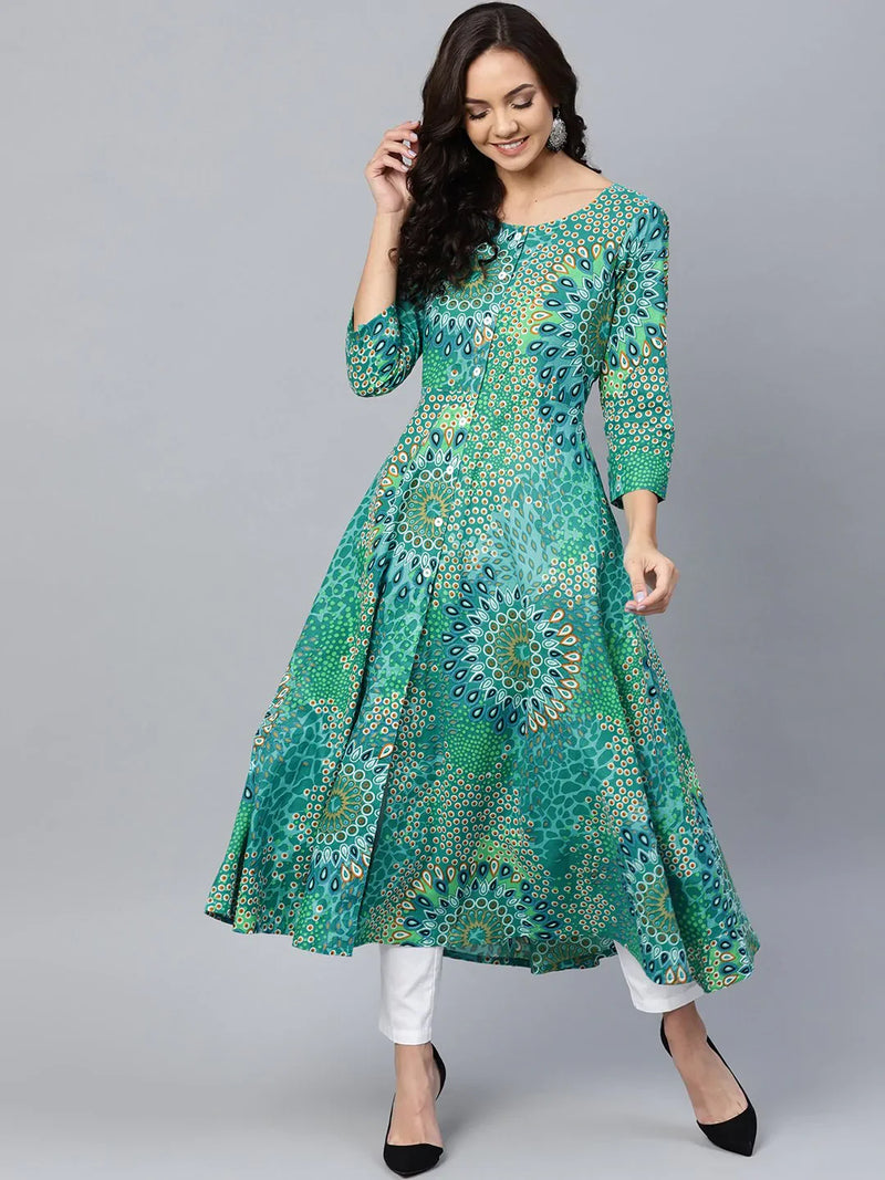 Jompers Women Green & White Printed Flared Kurta ( JOK 1249 Green )