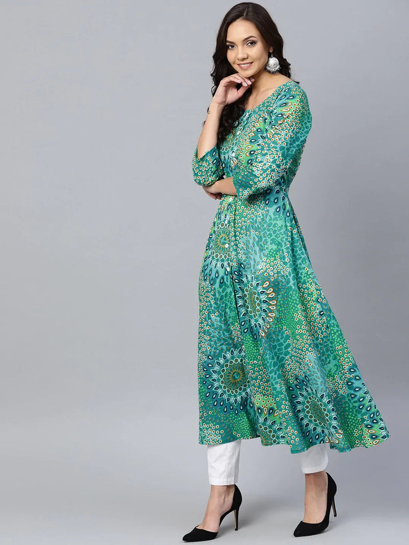 Jompers Women Green & White Printed Flared Kurta ( JOK 1249 Green )