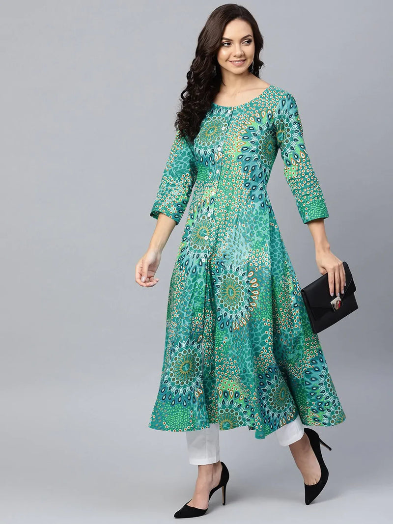 Jompers Women Green & White Printed Flared Kurta ( JOK 1249 Green )