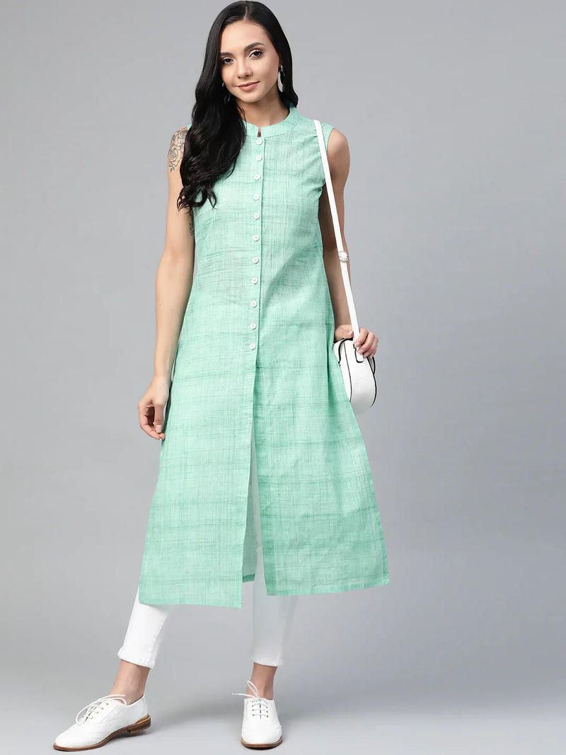 Jompers Women Green Pure Cotton Woven Design Straight Kurta ( JOK 1366 Green )