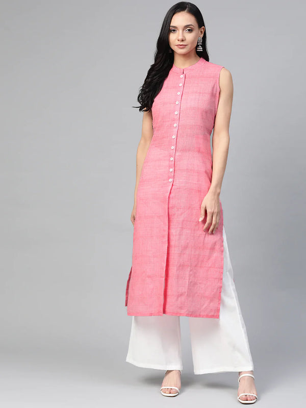 Jompers Women Pink Pure Cotton Woven Design Straight Kurta ( JOK 1366 Pink)