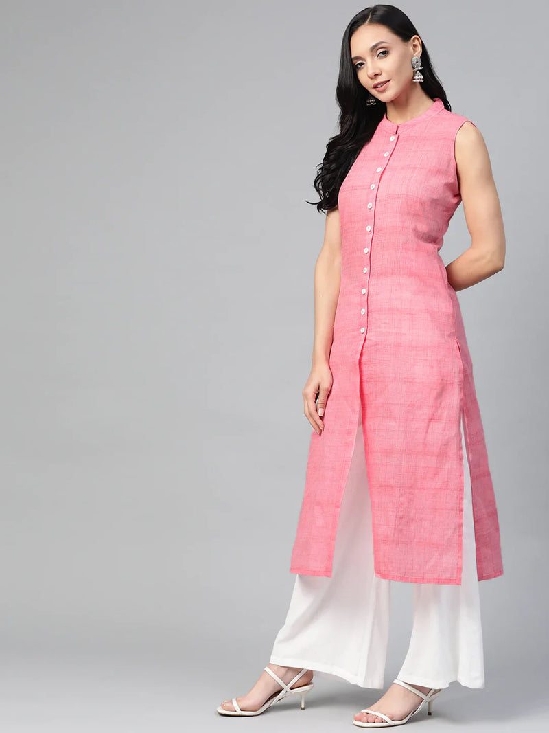 Jompers Women Pink Pure Cotton Woven Design Straight Kurta ( JOK 1366 Pink)