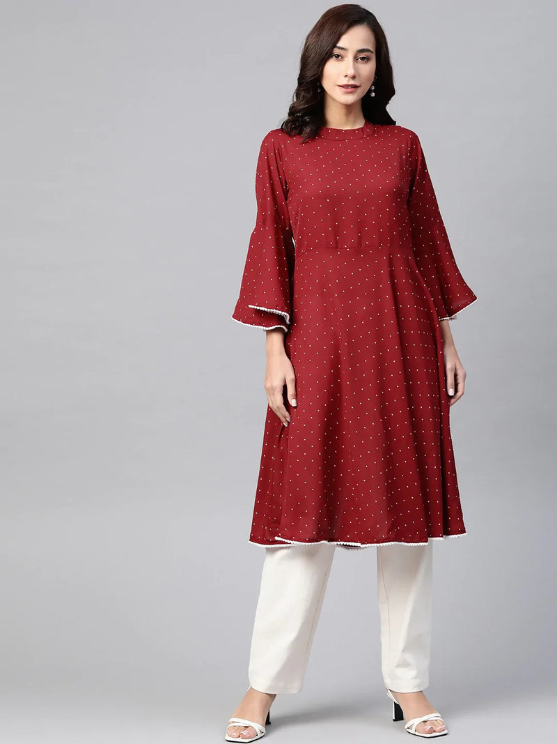 Jompers Women Maroon & White Polka Dots Print Bell Sleeves Anarkali Kurta ( JOK 1382 Maroon )