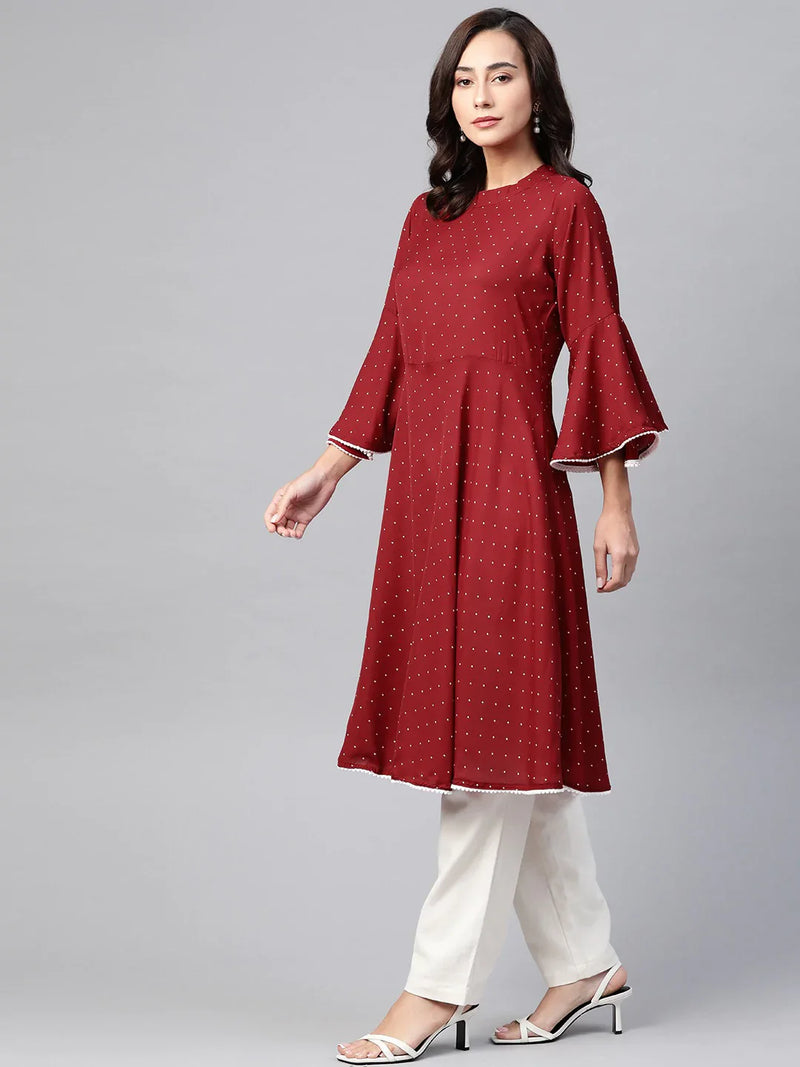 Jompers Women Maroon & White Polka Dots Print Bell Sleeves Anarkali Kurta ( JOK 1382 Maroon )