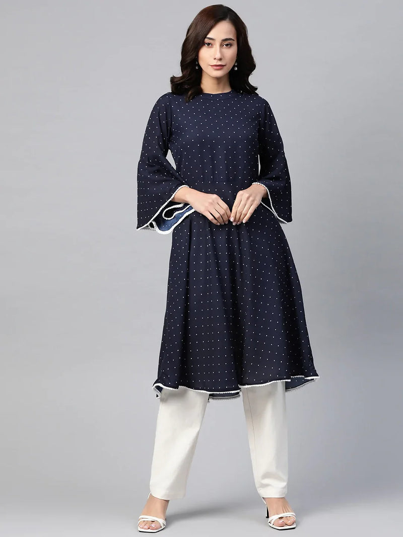 Jompers Women Navy Blue & White Polka Dots Print Bell Sleeves Anarkali Kurta ( JOK 1382 Navy )