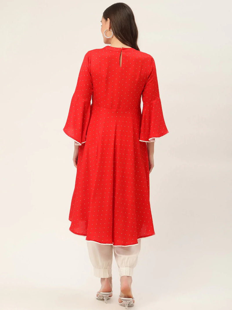 Jompers flared sleeves, pom-pom lace flared kurta ( JOK 1382 Red )