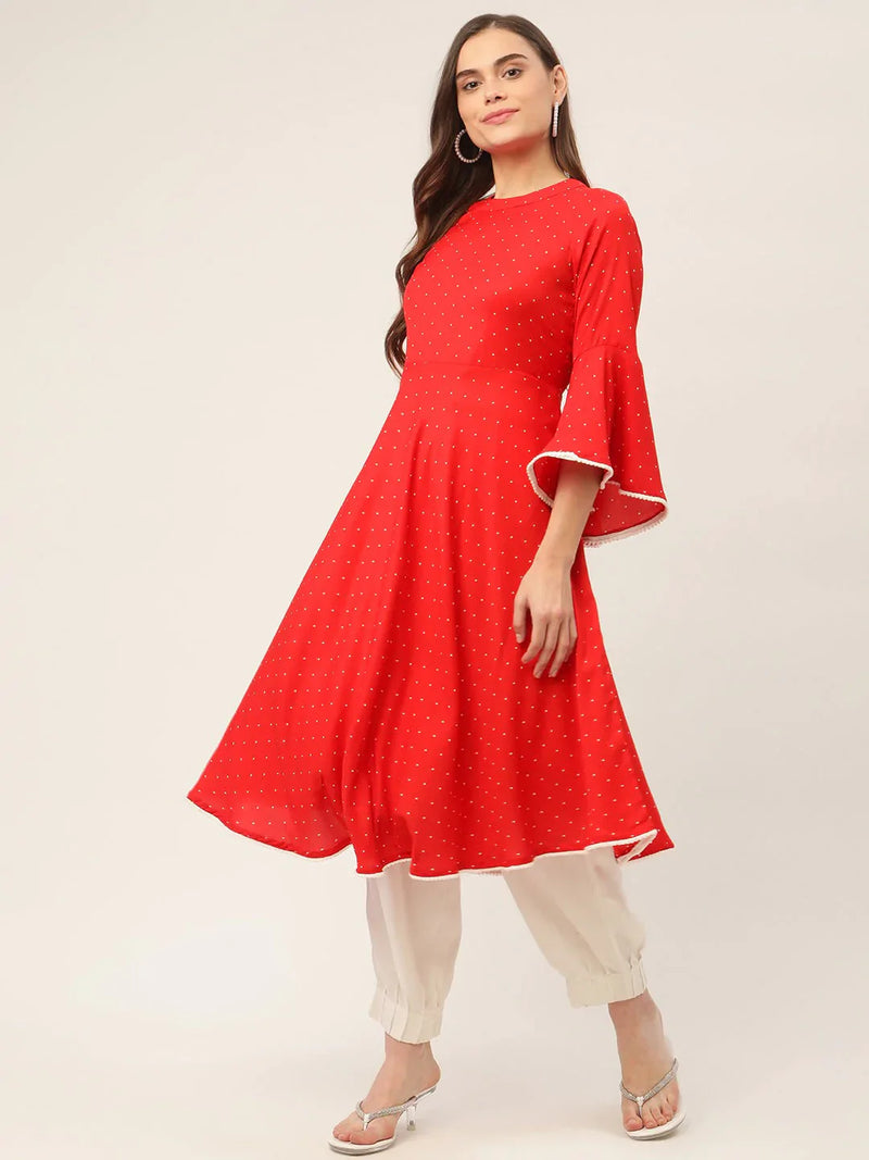 Jompers flared sleeves, pom-pom lace flared kurta ( JOK 1382 Red )