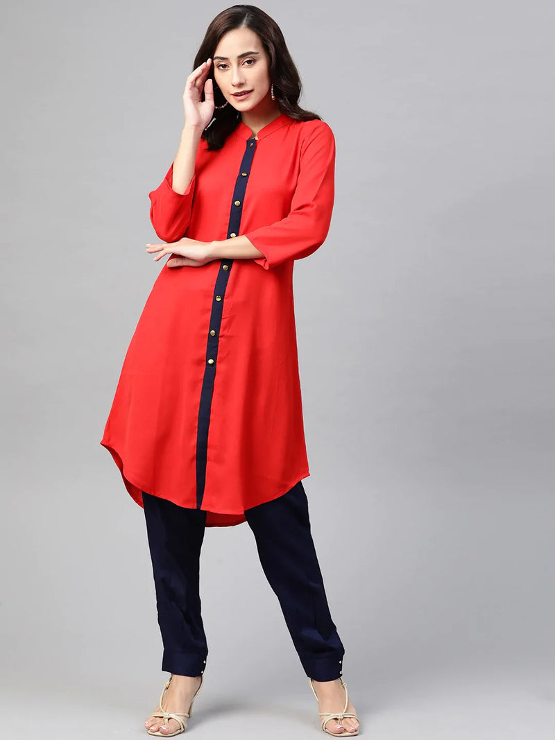 Jompers Women Red & Navy Blue Solid A-line Kurta ( JOK 1385 Red )