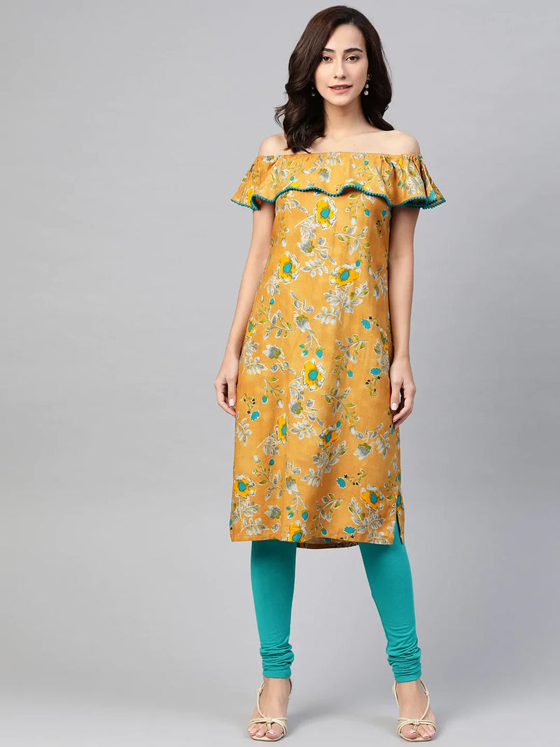 Jompers Women Mustard Yellow & Teal Blue Floral Printed Straight Kurta ( JOK 1387 Mustard )