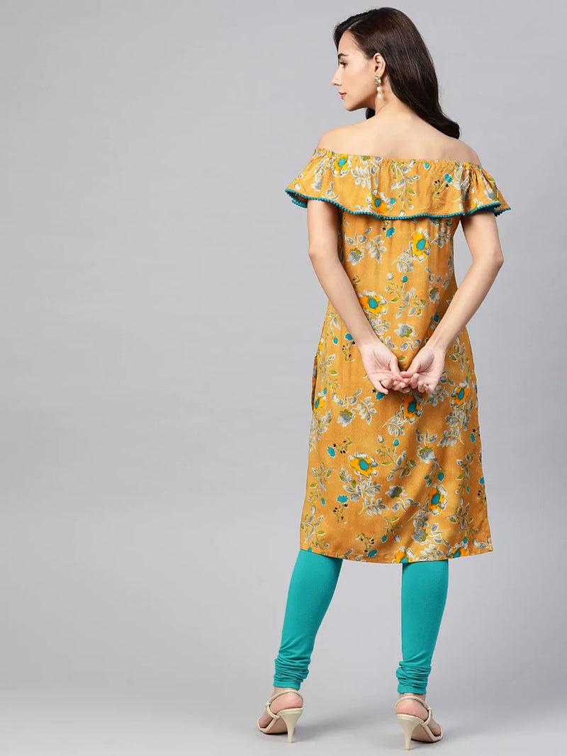 Jompers Women Mustard Yellow & Teal Blue Floral Printed Straight Kurta ( JOK 1387 Mustard )