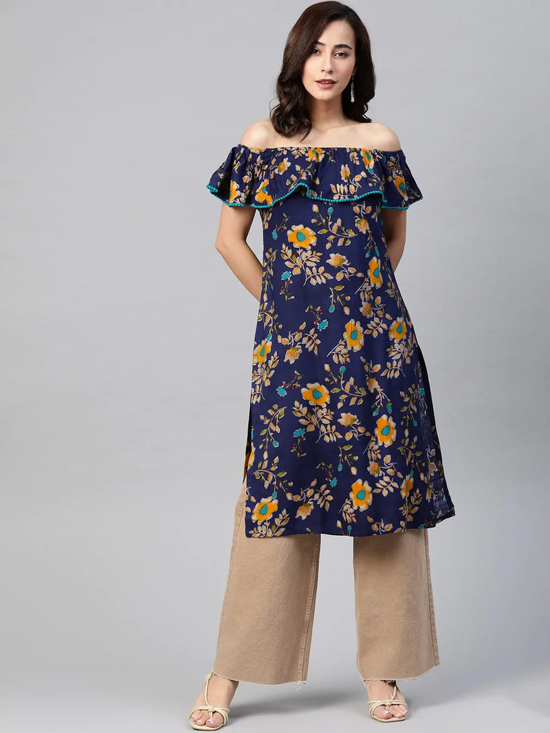 Jompers Women Navy Blue & Yellow Floral Printed Straight Kurta ( JOK 1387 Navy )