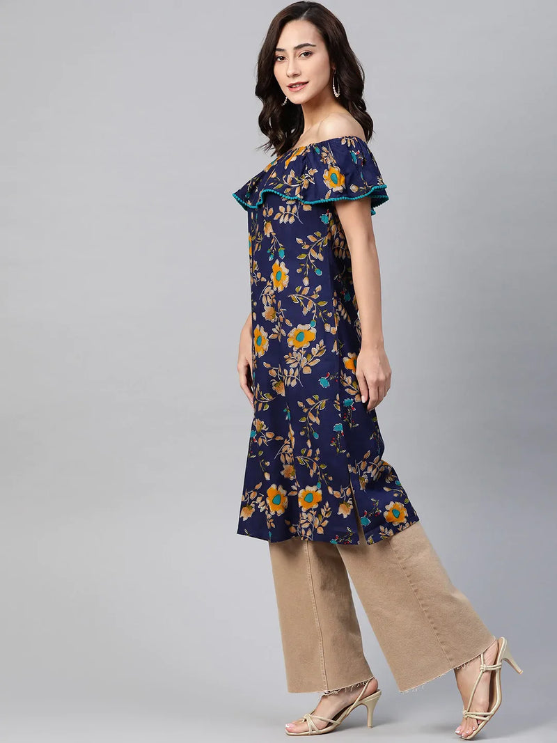 Jompers Women Navy Blue & Yellow Floral Printed Straight Kurta ( JOK 1387 Navy )