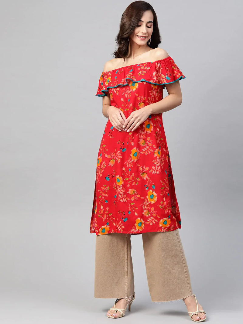 Jompers Women Red & Yellow Floral Printed Straight Kurta ( JOK 1387 Red )