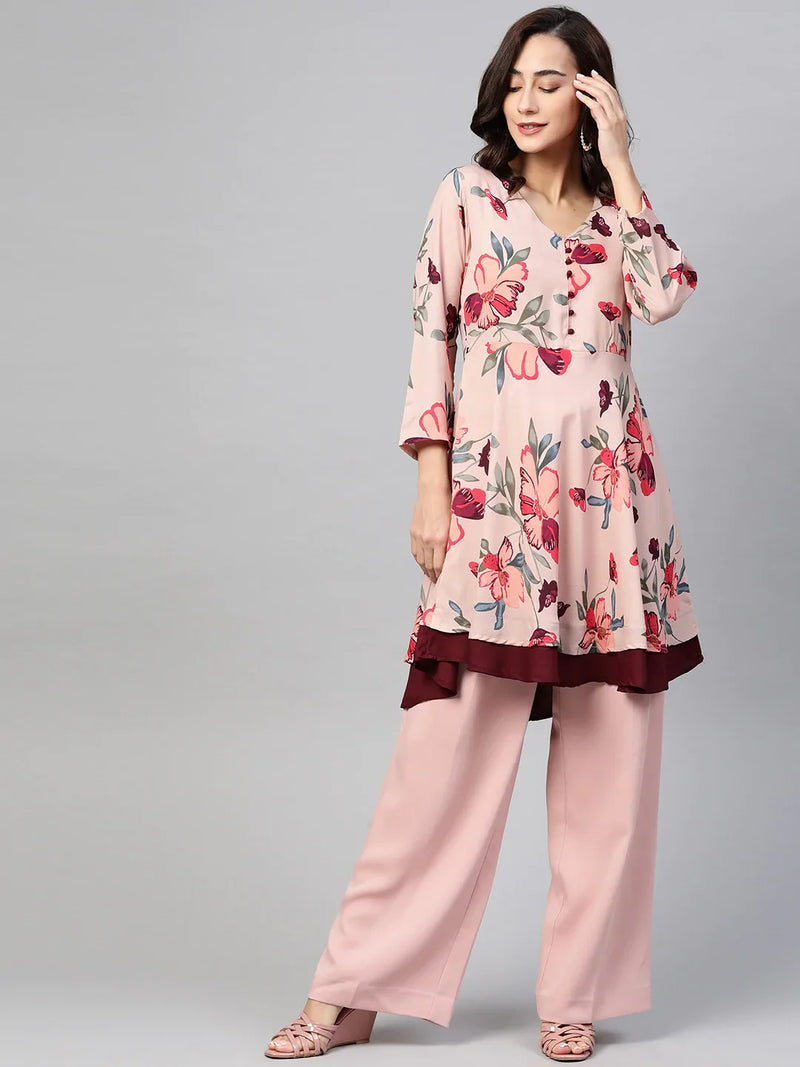 Jompers Women Peach & Maroon Floral Printed Floral Flared Kurta ( JOK 1396 Peach )