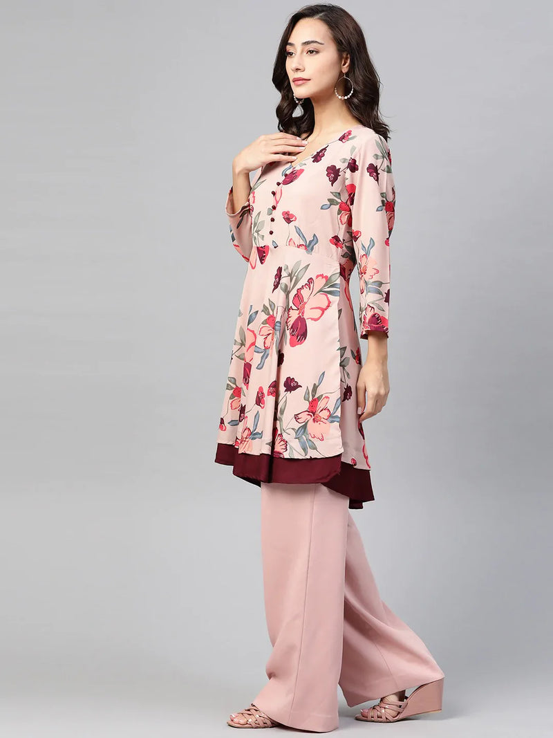 Jompers Women Peach & Maroon Floral Printed Floral Flared Kurta ( JOK 1396 Peach )