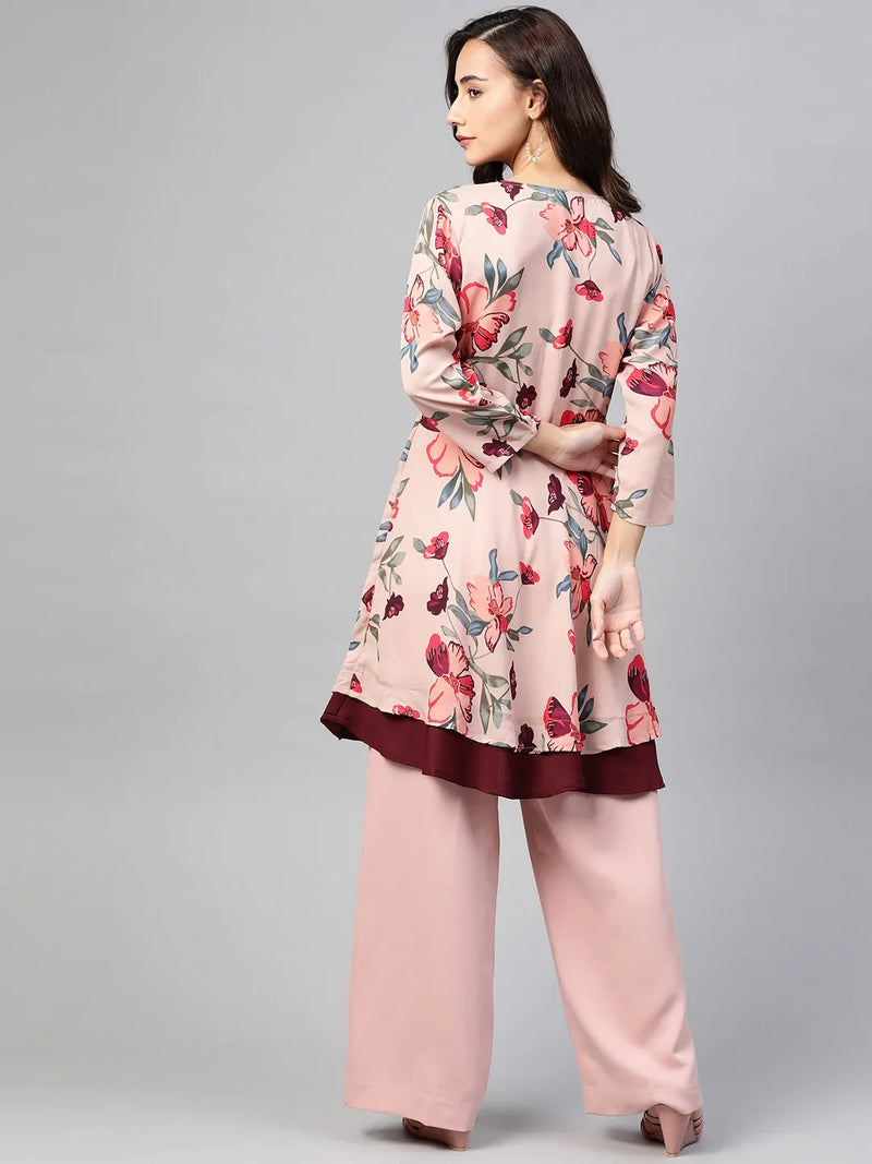 Jompers Women Peach & Maroon Floral Printed Floral Flared Kurta ( JOK 1396 Peach )