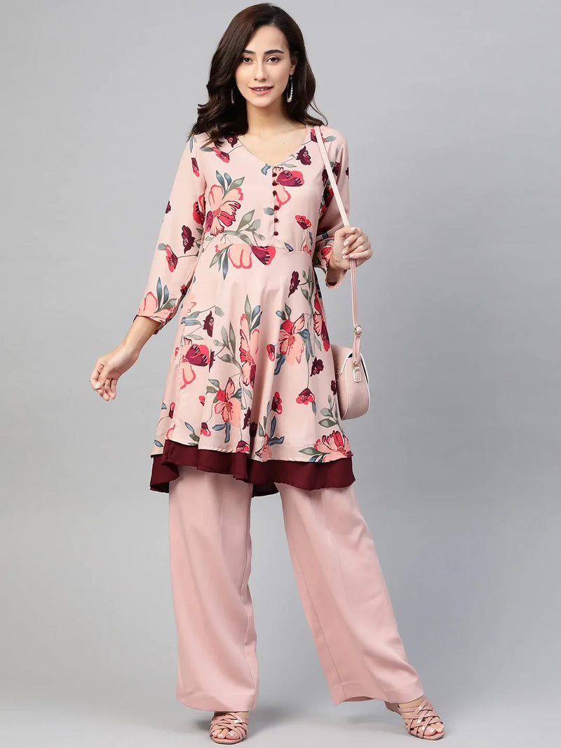 Jompers Women Peach & Maroon Floral Printed Floral Flared Kurta ( JOK 1396 Peach )