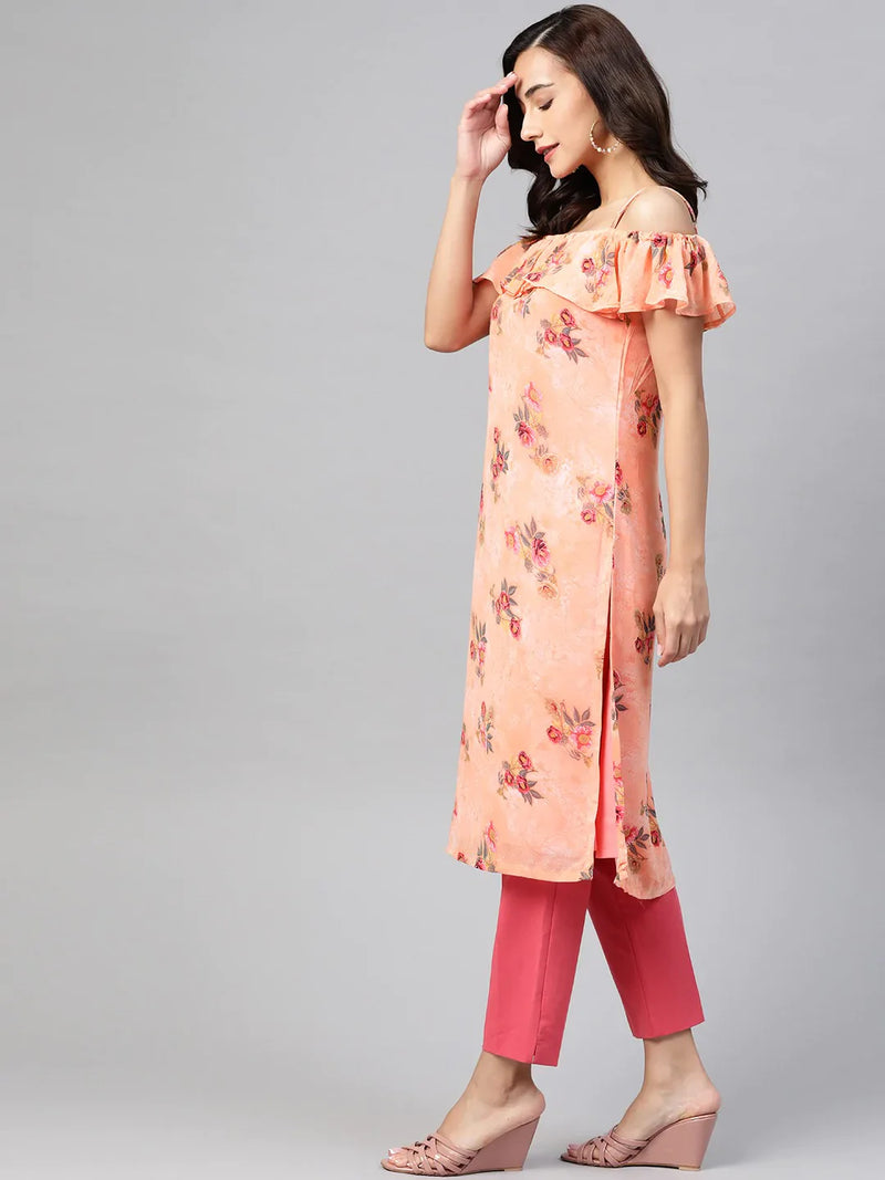 Jompers Women Peach-Coloured & Grey Floral Print Off-Shoulder Straight Kurta ( JOK 1397 Orange )