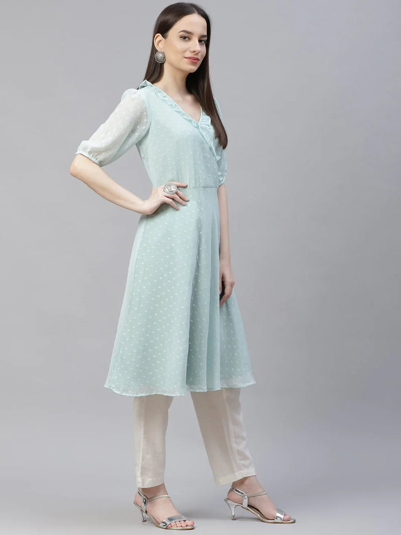 Women Turquoise Blue Woven Design Flared Kurta ( JOK 1403 Blue )