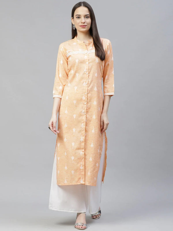 Women Orange Ethnic Motifs Ikat Kurta with lace work ( JOK 1404 Orange )