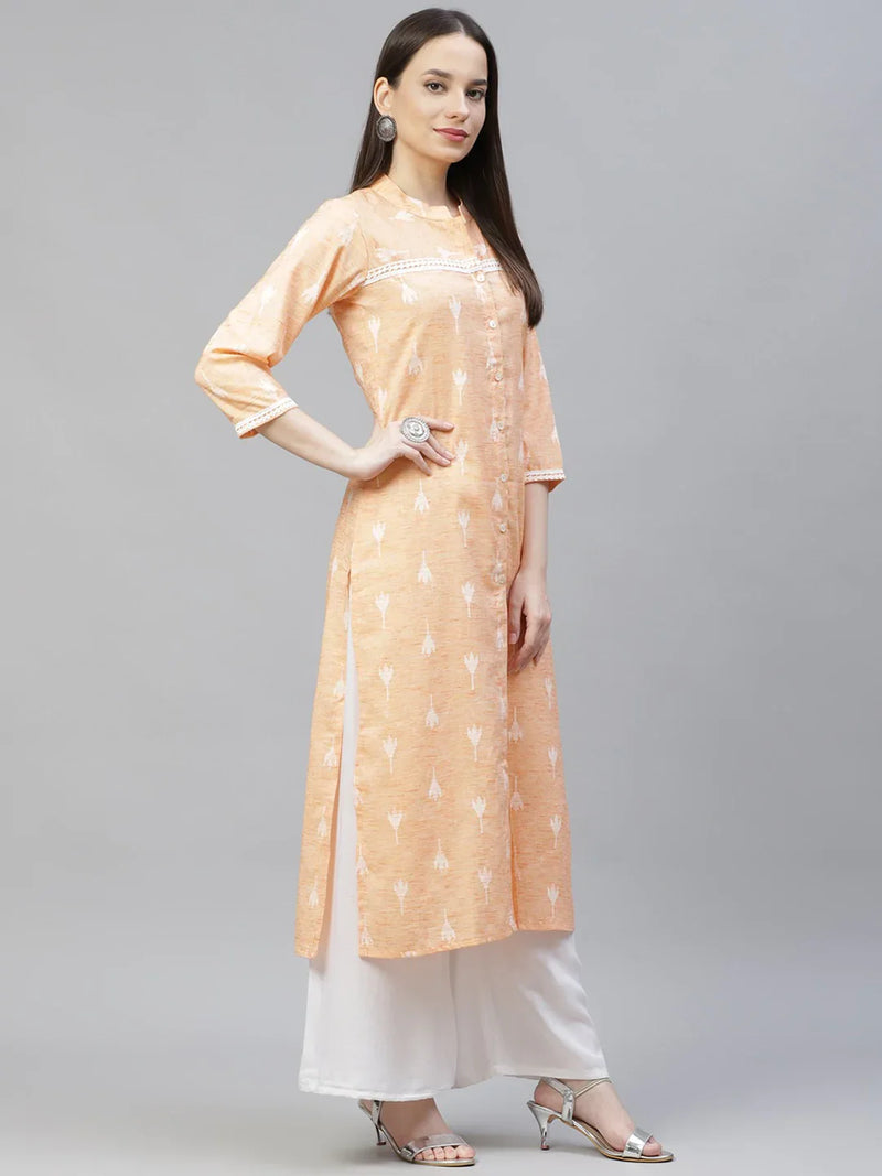 Women Orange Ethnic Motifs Ikat Kurta with lace work ( JOK 1404 Orange )