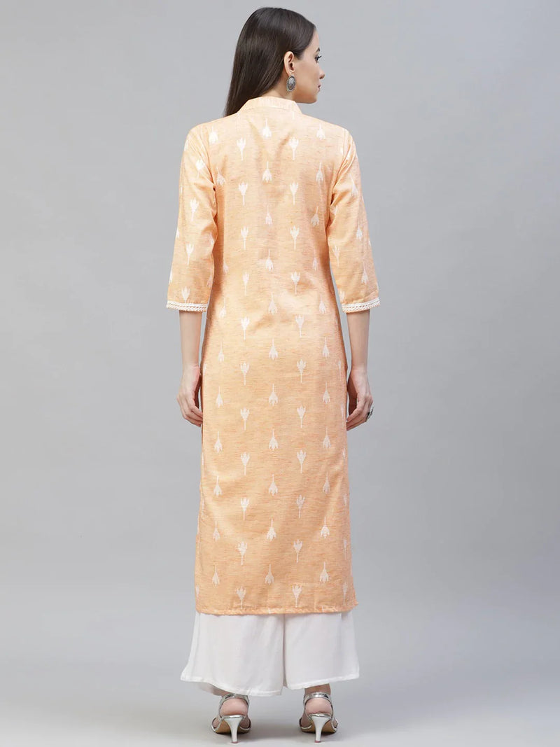 Women Orange Ethnic Motifs Ikat Kurta with lace work ( JOK 1404 Orange )