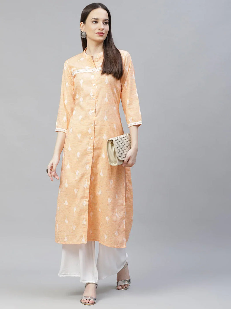 Women Orange Ethnic Motifs Ikat Kurta with lace work ( JOK 1404 Orange )