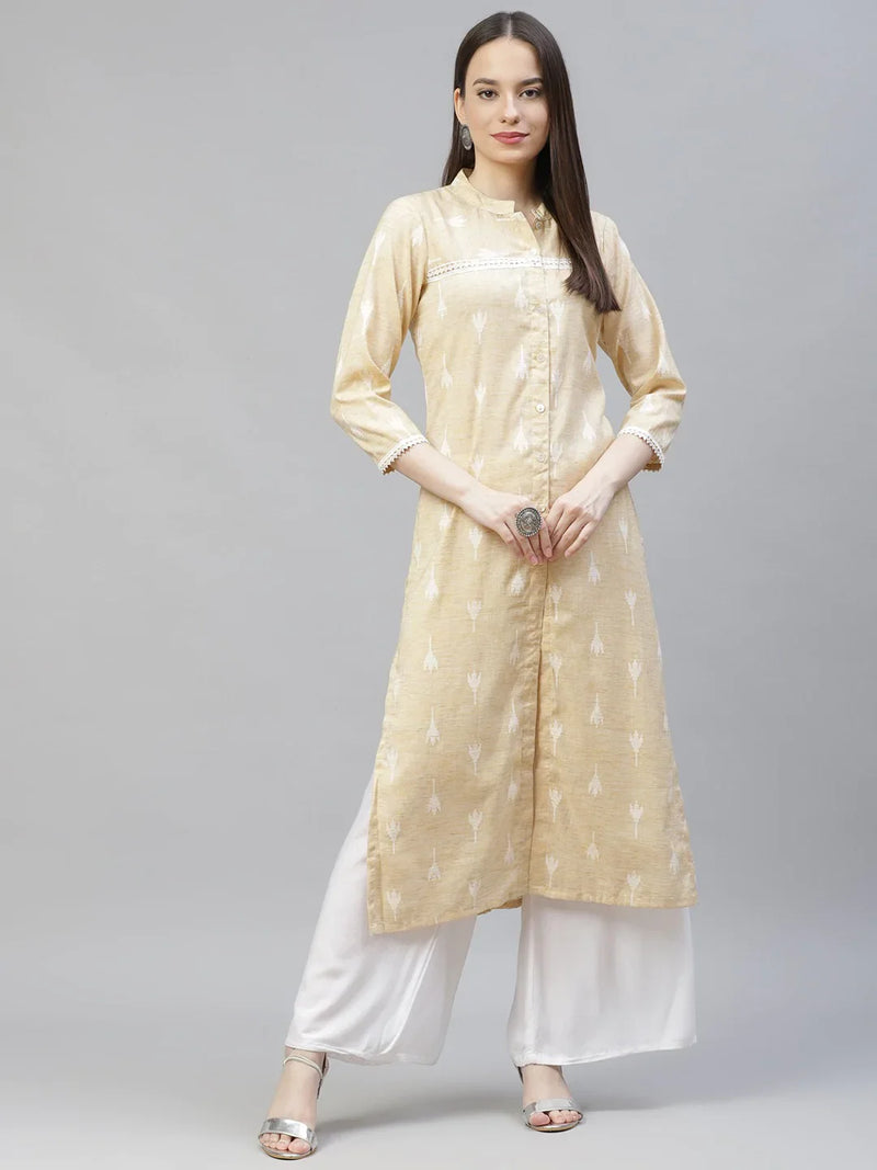 Women Yellow Ethnic Motifs Ikat Kurta with lace work ( JOK 1404 Yellow )